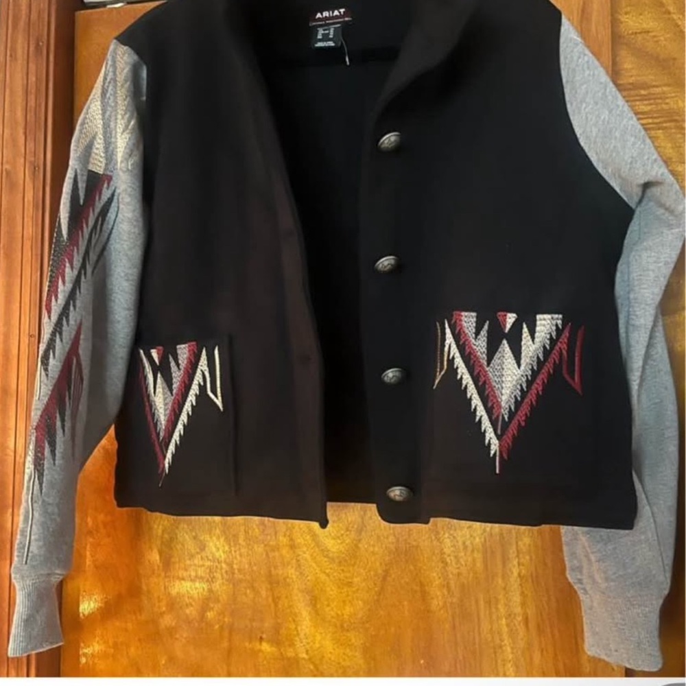 Ariat Black Jacket with Gray Sleeves and Red Patterns